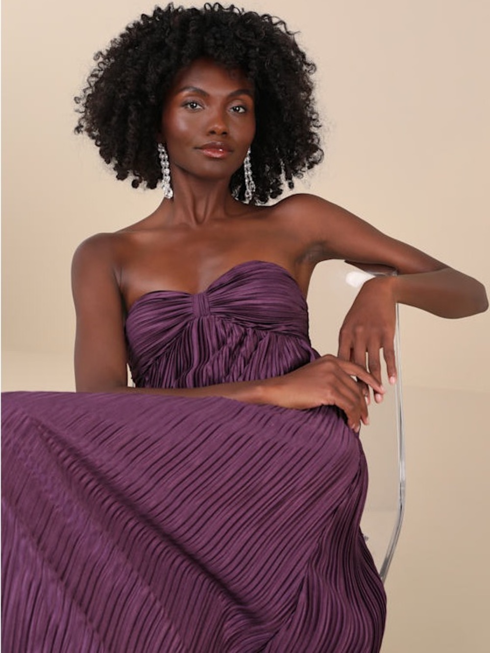 Lulus Whimsical Beauty Satin Pleated Plisse Strapless Maxi Dress Dark Purple - Picture 16 of 16